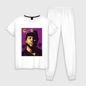 Женская пижама хлопок с принтом Ice Cube в Белгороде, 100% хлопок | брюки и футболка прямого кроя, без карманов, на брюках мягкая резинка на поясе и по низу штанин | 2pac | black | compton | dog | dr dre | hip hop | ice cube | nwa | rap | snoop dogg | west coast | westside | айс кьюб | гангстер | голос улиц | микрофон | музыка | рифма | рэп | рэпер | хип хоп