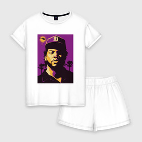 Женская пижама с шортиками хлопок с принтом Ice Cube в Белгороде, 100% хлопок | футболка прямого кроя, шорты свободные с широкой мягкой резинкой | 2pac | black | compton | dog | dr dre | hip hop | ice cube | nwa | rap | snoop dogg | west coast | westside | айс кьюб | гангстер | голос улиц | микрофон | музыка | рифма | рэп | рэпер | хип хоп