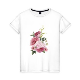 Женская футболка хлопок с принтом Пионы в Белгороде, 100% хлопок | прямой крой, круглый вырез горловины, длина до линии бедер, слегка спущенное плечо | big picture | картинки | лето | пионы | прикольные | тренды | цветы