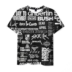 Мужская футболка 3D с принтом Рок группы в Белгороде, 100% полиэфир | прямой крой, круглый вырез горловины, длина до линии бедер | английский | белый | иностранные надписи | музыка | название | рок | серый | черный | черный фон