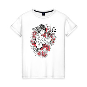 Женская футболка хлопок с принтом Гейша в Белгороде, 100% хлопок | прямой крой, круглый вырез горловины, длина до линии бедер, слегка спущенное плечо | иллюстрация | рисунок | сакура | цветы | япония