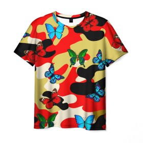Мужская футболка 3D с принтом Камуфляжные бабочки в Белгороде, 100% полиэфир | прямой крой, круглый вырез горловины, длина до линии бедер | бабочки | камуфляж | камуфляжные бабочки | хаки