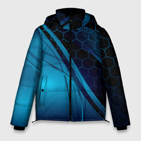 Мужская зимняя куртка 3D с принтом ABSTRACT BLUE в Белгороде, верх — 100% полиэстер; подкладка — 100% полиэстер; утеплитель — 100% полиэстер | длина ниже бедра, свободный силуэт Оверсайз. Есть воротник-стойка, отстегивающийся капюшон и ветрозащитная планка. 

Боковые карманы с листочкой на кнопках и внутренний карман на молнии. | Тематика изображения на принте: abstraction | geometry | hexagon | neon | paints | stripes | texture | triangle | абстракция | брызги | геометрия | краски | неон | неоновый | соты | текстура