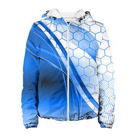 Женская куртка 3D с принтом ABSTRACT BLUE в Белгороде, ткань верха — 100% полиэстер, подклад — флис | прямой крой, подол и капюшон оформлены резинкой с фиксаторами, два кармана без застежек по бокам, один большой потайной карман на груди. Карман на груди застегивается на липучку | abstraction | geometry | hexagon | neon | paints | stripes | texture | triangle | абстракция | брызги | геометрия | краски | неон | неоновый | соты | текстура