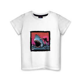 Детская футболка хлопок с принтом White Shark в Белгороде, 100% хлопок | круглый вырез горловины, полуприлегающий силуэт, длина до линии бедер | белая акула | животные | зубы | лето | море | опасный | пальмы | пляж | природа | ретро | рыба | хищник | челюсть | чудовище