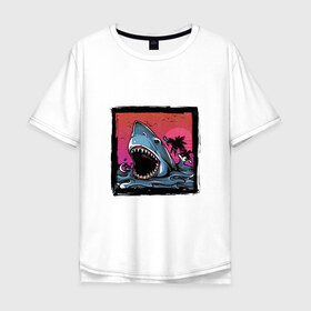 Мужская футболка хлопок Oversize с принтом White Shark в Белгороде, 100% хлопок | свободный крой, круглый ворот, “спинка” длиннее передней части | белая акула | животные | зубы | лето | море | опасный | пальмы | пляж | природа | ретро | рыба | хищник | челюсть | чудовище