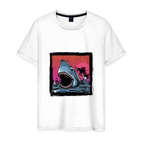Мужская футболка хлопок с принтом White Shark в Белгороде, 100% хлопок | прямой крой, круглый вырез горловины, длина до линии бедер, слегка спущенное плечо. | белая акула | животные | зубы | лето | море | опасный | пальмы | пляж | природа | ретро | рыба | хищник | челюсть | чудовище