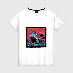 Женская футболка хлопок с принтом White Shark в Белгороде, 100% хлопок | прямой крой, круглый вырез горловины, длина до линии бедер, слегка спущенное плечо | белая акула | животные | зубы | лето | море | опасный | пальмы | пляж | природа | ретро | рыба | хищник | челюсть | чудовище