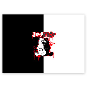Поздравительная открытка с принтом MONOKUMA в Белгороде, 100% бумага | плотность бумаги 280 г/м2, матовая, на обратной стороне линовка и место для марки
 | anime | bear | black  white | danganronpa | kurokuma | monodam | monokuma | monomi | monotaro | pink | rabbit | school | shirokuma | аниме | главарь | мoноми | монокума | черно белый | школа