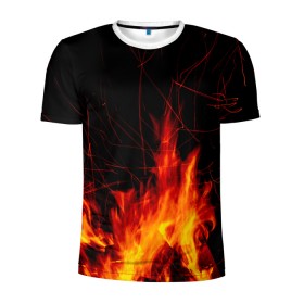 Мужская футболка 3D спортивная с принтом Ночной костер в лесу в Белгороде, 100% полиэстер с улучшенными характеристиками | приталенный силуэт, круглая горловина, широкие плечи, сужается к линии бедра | дрова | искры | ночь | огонь
