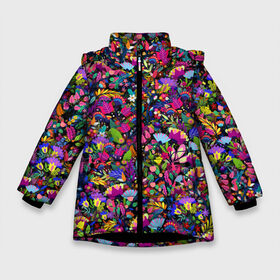 Зимняя куртка для девочек 3D с принтом Мистические цветы в Белгороде, ткань верха — 100% полиэстер; подклад — 100% полиэстер, утеплитель — 100% полиэстер. | длина ниже бедра, удлиненная спинка, воротник стойка и отстегивающийся капюшон. Есть боковые карманы с листочкой на кнопках, утяжки по низу изделия и внутренний карман на молнии. 

Предусмотрены светоотражающий принт на спинке, радужный светоотражающий элемент на пуллере молнии и на резинке для утяжки. | Тематика изображения на принте: букет | клумба | листья | луг | паттерн | психоделика | растения | узор | цветок | цветочки | цветы