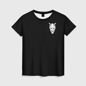 Женская футболка 3D с принтом Демон Они (Принт на спине) в Белгороде, 100% полиэфир ( синтетическое хлопкоподобное полотно) | прямой крой, круглый вырез горловины, длина до линии бедер | cyberpunk | demon | japan | kyoto | oni | tokyo | аниме | демон | киберпанк | маска | они | стиль | ханья | япония | японский