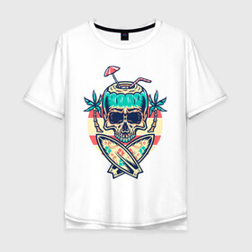 Мужская футболка хлопок Oversize с принтом Skull Summer в Белгороде, 100% хлопок | свободный крой, круглый ворот, “спинка” длиннее передней части | art | cocktail | palm | skull | surfboards | umbrella | арт | доски для серфинга | зонтик | коктейль | пальмы | череп