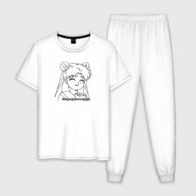 Мужская пижама хлопок с принтом Еда Делает Меня Счастливой! SM в Белгороде, 100% хлопок | брюки и футболка прямого кроя, без карманов, на брюках мягкая резинка на поясе и по низу штанин
 | Тематика изображения на принте: 90s | anime girl | cute | kawaii | luna | sailor moon | usagi tsukino | аниме | аниме девушка | каваии | кавай | луна | манга | марс | меркурий | сейлор | сейлор мун | усаги цукино