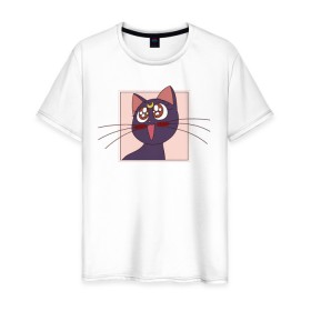 Мужская футболка хлопок с принтом Luna, Sailor Moon в Белгороде, 100% хлопок | прямой крой, круглый вырез горловины, длина до линии бедер, слегка спущенное плечо. | 90s | cat | cute | kawaii | kitty | luna | sailor moon | usagi tsukino | аниме | каваии | кавай | кот | котики | луна | манга | марс | меркурий | милота | сейлор | сейлор мун | усаги цукино