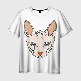 Мужская футболка 3D с принтом Сфинкс в Белгороде, 100% полиэфир | прямой крой, круглый вырез горловины, длина до линии бедер | арт | животные | картинка | лысая кошка | лысый кот | мультяшный принт | нарисованная кошка | нарисованный кот | принт | рисунок | сфинкс