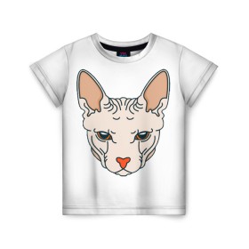 Детская футболка 3D с принтом Сфинкс в Белгороде, 100% гипоаллергенный полиэфир | прямой крой, круглый вырез горловины, длина до линии бедер, чуть спущенное плечо, ткань немного тянется | арт | животные | картинка | лысая кошка | лысый кот | мультяшный принт | нарисованная кошка | нарисованный кот | принт | рисунок | сфинкс