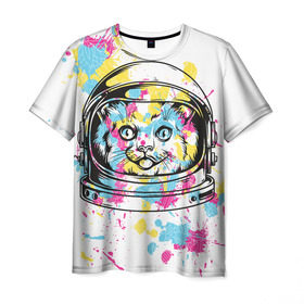 Мужская футболка 3D с принтом Кот в скафандре в Белгороде, 100% полиэфир | прямой крой, круглый вырез горловины, длина до линии бедер | арт | в космосе | животные | картинка | кляксы | космос | кот | кошка | принт | рисунок | скафандр | цветное