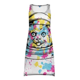 Платье-майка 3D с принтом Кот в скафандре в Белгороде, 100% полиэстер | полуприлегающий силуэт, широкие бретели, круглый вырез горловины, удлиненный подол сзади. | арт | в космосе | животные | картинка | кляксы | космос | кот | кошка | принт | рисунок | скафандр | цветное