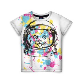 Детская футболка 3D с принтом Кот в скафандре в Белгороде, 100% гипоаллергенный полиэфир | прямой крой, круглый вырез горловины, длина до линии бедер, чуть спущенное плечо, ткань немного тянется | арт | в космосе | животные | картинка | кляксы | космос | кот | кошка | принт | рисунок | скафандр | цветное