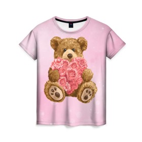 Женская футболка 3D с принтом Плюшевый медведь с сердечком в Белгороде, 100% полиэфир ( синтетическое хлопкоподобное полотно) | прямой крой, круглый вырез горловины, длина до линии бедер | арт | животные | картинка | медвежонок | мишка | плюшевый медведь | рисунок | розовые цветы | розочки | розы | сердечко | сердце | сердце из роз | цветы