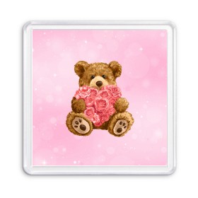 Магнит 55*55 с принтом Плюшевый медведь с сердечком в Белгороде, Пластик | Размер: 65*65 мм; Размер печати: 55*55 мм | арт | животные | картинка | медвежонок | мишка | плюшевый медведь | рисунок | розовые цветы | розочки | розы | сердечко | сердце | сердце из роз | цветы