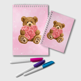Блокнот с принтом Плюшевый медведь с сердечком в Белгороде, 100% бумага | 48 листов, плотность листов — 60 г/м2, плотность картонной обложки — 250 г/м2. Листы скреплены удобной пружинной спиралью. Цвет линий — светло-серый
 | Тематика изображения на принте: арт | животные | картинка | медвежонок | мишка | плюшевый медведь | рисунок | розовые цветы | розочки | розы | сердечко | сердце | сердце из роз | цветы