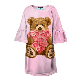 Детское платье 3D с принтом Плюшевый медведь с сердечком в Белгороде, 100% полиэстер | прямой силуэт, чуть расширенный к низу. Круглая горловина, на рукавах — воланы | арт | животные | картинка | медвежонок | мишка | плюшевый медведь | рисунок | розовые цветы | розочки | розы | сердечко | сердце | сердце из роз | цветы