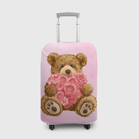 Чехол для чемодана 3D с принтом Плюшевый медведь с сердечком в Белгороде, 86% полиэфир, 14% спандекс | двустороннее нанесение принта, прорези для ручек и колес | арт | животные | картинка | медвежонок | мишка | плюшевый медведь | рисунок | розовые цветы | розочки | розы | сердечко | сердце | сердце из роз | цветы