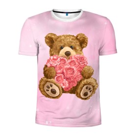 Мужская футболка 3D спортивная с принтом Плюшевый медведь с сердечком в Белгороде, 100% полиэстер с улучшенными характеристиками | приталенный силуэт, круглая горловина, широкие плечи, сужается к линии бедра | арт | животные | картинка | медвежонок | мишка | плюшевый медведь | рисунок | розовые цветы | розочки | розы | сердечко | сердце | сердце из роз | цветы