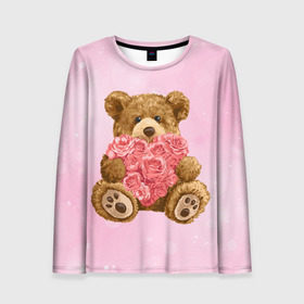 Женский лонгслив 3D с принтом Плюшевый медведь с сердечком в Белгороде, 100% полиэстер | длинные рукава, круглый вырез горловины, полуприлегающий силуэт | арт | животные | картинка | медвежонок | мишка | плюшевый медведь | рисунок | розовые цветы | розочки | розы | сердечко | сердце | сердце из роз | цветы
