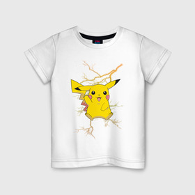 Детская футболка хлопок с принтом Pikachu в Белгороде, 100% хлопок | круглый вырез горловины, полуприлегающий силуэт, длина до линии бедер | anime | pikachu | pokemon | pokemon logo | аниме | анимэ | пика | пикачу | покемон | покемон постер | эш и пикачу | эш кетчум | япония | японский