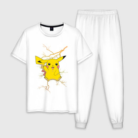 Мужская пижама хлопок с принтом Pikachu в Белгороде, 100% хлопок | брюки и футболка прямого кроя, без карманов, на брюках мягкая резинка на поясе и по низу штанин
 | Тематика изображения на принте: anime | pikachu | pokemon | pokemon logo | аниме | анимэ | пика | пикачу | покемон | покемон постер | эш и пикачу | эш кетчум | япония | японский
