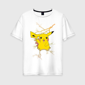 Женская футболка хлопок Oversize с принтом Pikachu в Белгороде, 100% хлопок | свободный крой, круглый ворот, спущенный рукав, длина до линии бедер
 | anime | pikachu | pokemon | pokemon logo | аниме | анимэ | пика | пикачу | покемон | покемон постер | эш и пикачу | эш кетчум | япония | японский