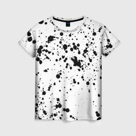 Женская футболка 3D с принтом Далматинец - брызги чёрными пятнами в Белгороде, 100% полиэфир ( синтетическое хлопкоподобное полотно) | прямой крой, круглый вырез горловины, длина до линии бедер | брызги краски | далматинец | краска | пятно | с брызгами | черные пятна