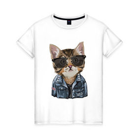 Женская футболка хлопок с принтом Кот в очках в Белгороде, 100% хлопок | прямой крой, круглый вырез горловины, длина до линии бедер, слегка спущенное плечо | cat | в очках | кот | кот рокер | котик | котяра | кошка | крутой кот | милый | милый кот | рокер