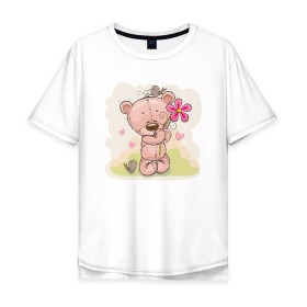 Мужская футболка хлопок Oversize с принтом Милый мишка с цветочком в Белгороде, 100% хлопок | свободный крой, круглый ворот, “спинка” длиннее передней части | арт | воробушек | воробьи | животные | картинка | медведь | медвежонок | мишка | плюшевый мишка | подарок | птичка | рисунок | цветок | цветочки