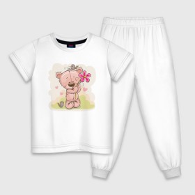Детская пижама хлопок с принтом Милый мишка с цветочком в Белгороде, 100% хлопок |  брюки и футболка прямого кроя, без карманов, на брюках мягкая резинка на поясе и по низу штанин
 | Тематика изображения на принте: арт | воробушек | воробьи | животные | картинка | медведь | медвежонок | мишка | плюшевый мишка | подарок | птичка | рисунок | цветок | цветочки