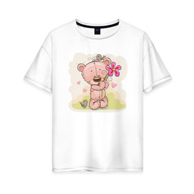 Женская футболка хлопок Oversize с принтом Милый мишка с цветочком в Белгороде, 100% хлопок | свободный крой, круглый ворот, спущенный рукав, длина до линии бедер
 | арт | воробушек | воробьи | животные | картинка | медведь | медвежонок | мишка | плюшевый мишка | подарок | птичка | рисунок | цветок | цветочки