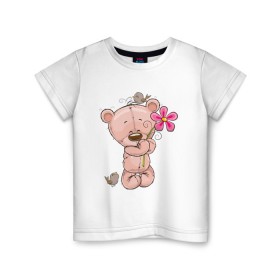 Детская футболка хлопок с принтом Милый мишка с цветочком в Белгороде, 100% хлопок | круглый вырез горловины, полуприлегающий силуэт, длина до линии бедер | арт | воробушек | воробьи | животные | картинка | медведь | медвежонок | мишка | плюшевый мишка | подарок | птичка | рисунок | цветок | цветочки