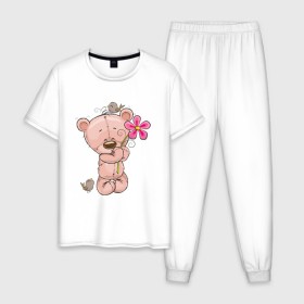 Мужская пижама хлопок с принтом Милый мишка с цветочком в Белгороде, 100% хлопок | брюки и футболка прямого кроя, без карманов, на брюках мягкая резинка на поясе и по низу штанин
 | Тематика изображения на принте: арт | воробушек | воробьи | животные | картинка | медведь | медвежонок | мишка | плюшевый мишка | подарок | птичка | рисунок | цветок | цветочки