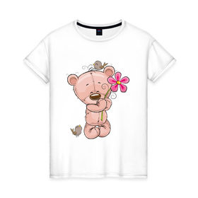 Женская футболка хлопок с принтом Милый мишка с цветочком в Белгороде, 100% хлопок | прямой крой, круглый вырез горловины, длина до линии бедер, слегка спущенное плечо | арт | воробушек | воробьи | животные | картинка | медведь | медвежонок | мишка | плюшевый мишка | подарок | птичка | рисунок | цветок | цветочки