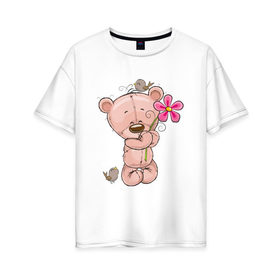 Женская футболка хлопок Oversize с принтом Милый мишка с цветочком в Белгороде, 100% хлопок | свободный крой, круглый ворот, спущенный рукав, длина до линии бедер
 | арт | воробушек | воробьи | животные | картинка | медведь | медвежонок | мишка | плюшевый мишка | подарок | птичка | рисунок | цветок | цветочки