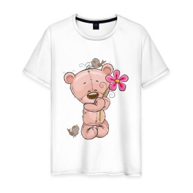 Мужская футболка хлопок с принтом Милый мишка с цветочком в Белгороде, 100% хлопок | прямой крой, круглый вырез горловины, длина до линии бедер, слегка спущенное плечо. | арт | воробушек | воробьи | животные | картинка | медведь | медвежонок | мишка | плюшевый мишка | подарок | птичка | рисунок | цветок | цветочки