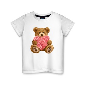 Детская футболка хлопок с принтом Плюшевый медведь с сердечком в Белгороде, 100% хлопок | круглый вырез горловины, полуприлегающий силуэт, длина до линии бедер | арт | животные | картинка | медвежонок | мишка | плюшевый медведь | рисунок | розовые цветы | розочки | розы | сердечко | сердце | сердце из роз | цветы
