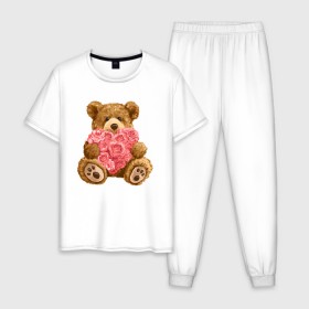 Мужская пижама хлопок с принтом Плюшевый медведь с сердечком в Белгороде, 100% хлопок | брюки и футболка прямого кроя, без карманов, на брюках мягкая резинка на поясе и по низу штанин
 | арт | животные | картинка | медвежонок | мишка | плюшевый медведь | рисунок | розовые цветы | розочки | розы | сердечко | сердце | сердце из роз | цветы