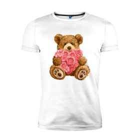 Мужская футболка премиум с принтом Плюшевый медведь с сердечком в Белгороде, 92% хлопок, 8% лайкра | приталенный силуэт, круглый вырез ворота, длина до линии бедра, короткий рукав | арт | животные | картинка | медвежонок | мишка | плюшевый медведь | рисунок | розовые цветы | розочки | розы | сердечко | сердце | сердце из роз | цветы