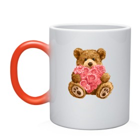 Кружка хамелеон с принтом Плюшевый медведь с сердечком в Белгороде, керамика | меняет цвет при нагревании, емкость 330 мл | арт | животные | картинка | медвежонок | мишка | плюшевый медведь | рисунок | розовые цветы | розочки | розы | сердечко | сердце | сердце из роз | цветы