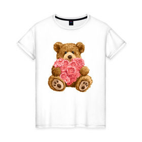 Женская футболка хлопок с принтом Плюшевый медведь с сердечком в Белгороде, 100% хлопок | прямой крой, круглый вырез горловины, длина до линии бедер, слегка спущенное плечо | арт | животные | картинка | медвежонок | мишка | плюшевый медведь | рисунок | розовые цветы | розочки | розы | сердечко | сердце | сердце из роз | цветы