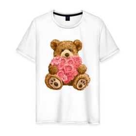 Мужская футболка хлопок с принтом Плюшевый медведь с сердечком в Белгороде, 100% хлопок | прямой крой, круглый вырез горловины, длина до линии бедер, слегка спущенное плечо. | Тематика изображения на принте: арт | животные | картинка | медвежонок | мишка | плюшевый медведь | рисунок | розовые цветы | розочки | розы | сердечко | сердце | сердце из роз | цветы
